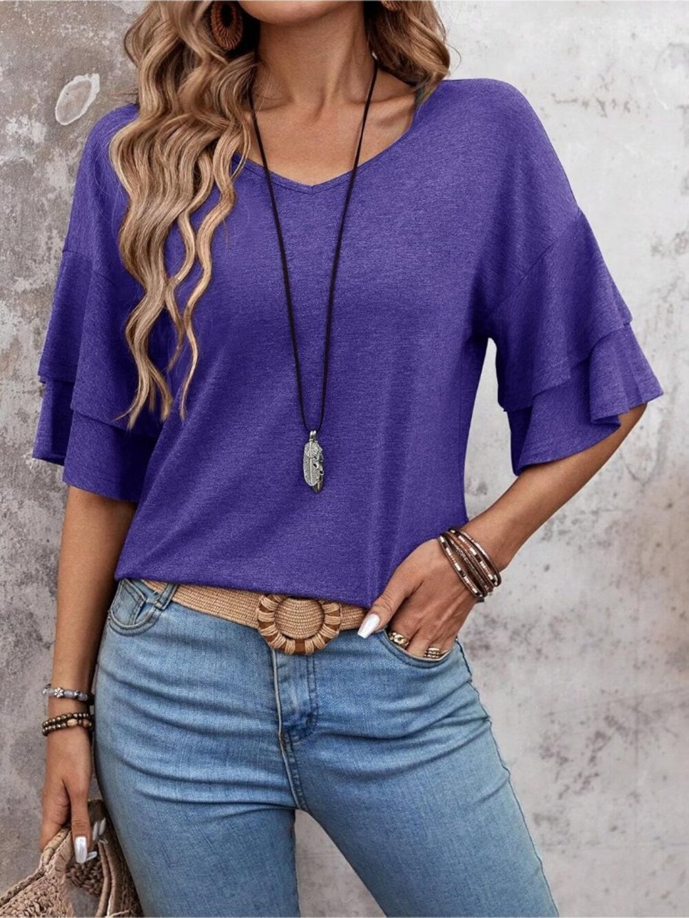 Women's Purple V Neck Blouse Ruffle Bell Sleeve Summer Casual Top Cute Tee - Picture 4 of 6